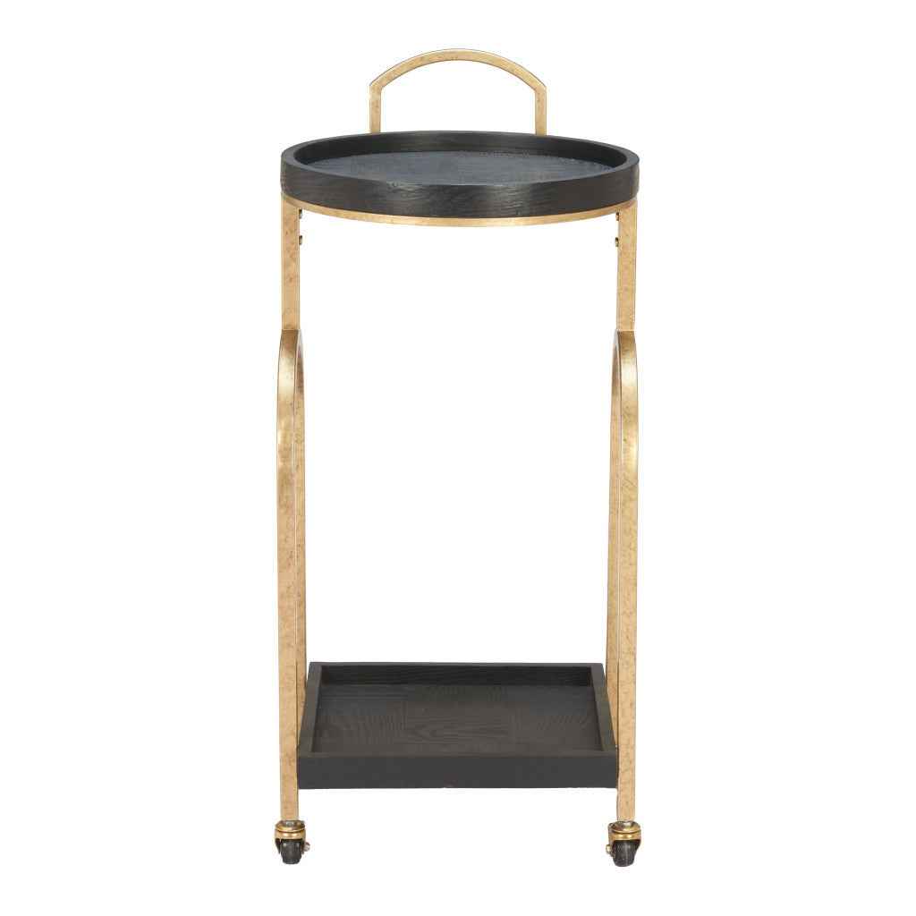 17" Black And Brass Steel and Solid Wood Distressed Round Rolling Bar Cart