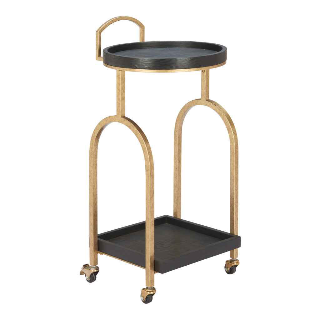 17" Black And Brass Steel and Solid Wood Distressed Round Rolling Bar Cart