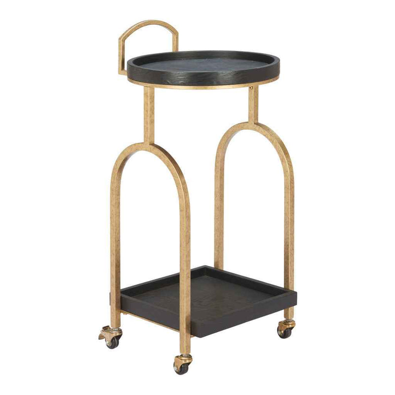 17" Black And Brass Steel and Solid Wood Distressed Round Rolling Bar Cart