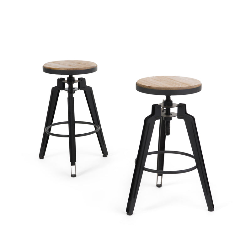 Set of Two Natural and Black Iron and Wood Backless Adjustable Height Swivel Bar Chairs - GreatEagleInc