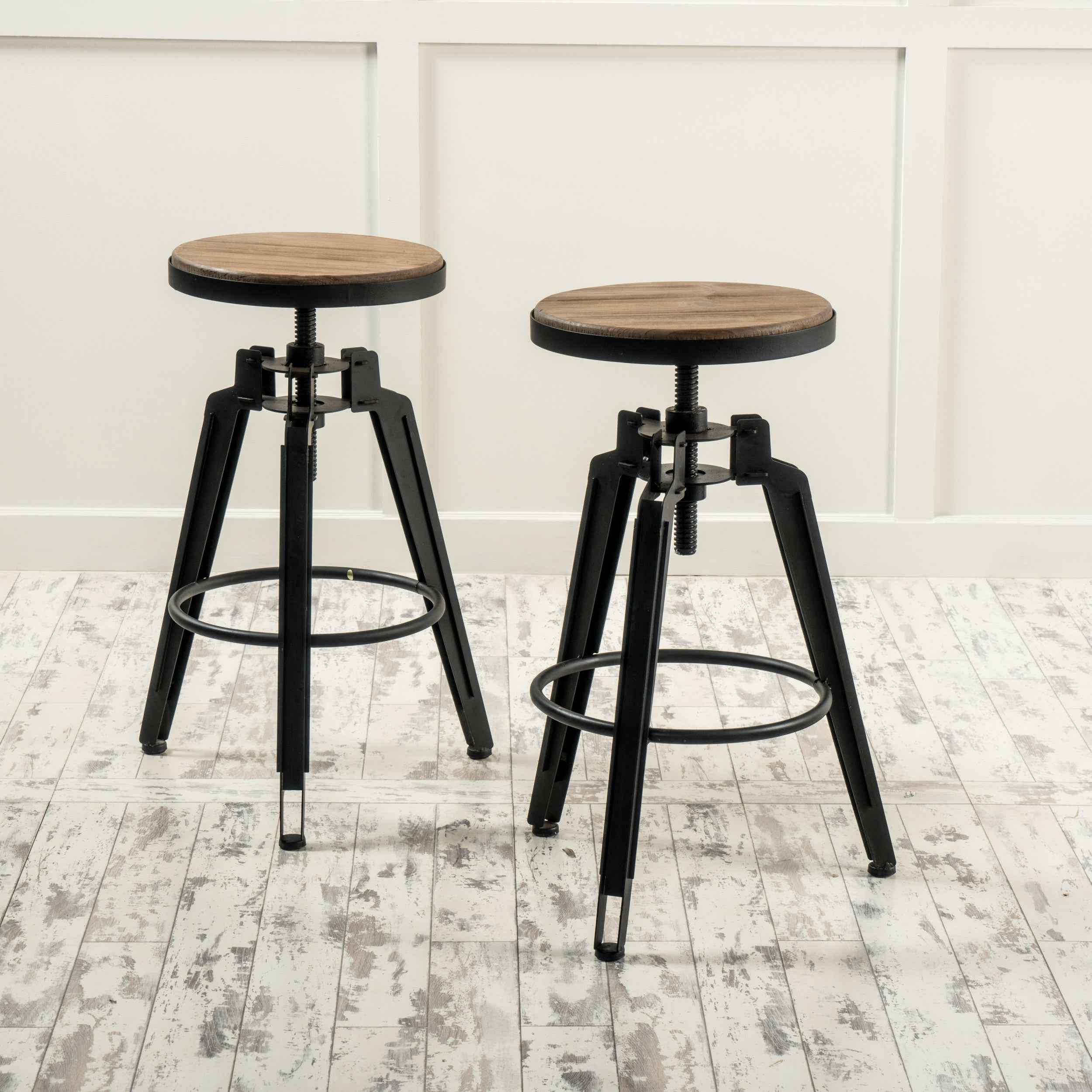 Set of Two Natural and Black Iron and Wood Backless Adjustable Height Swivel Bar Chairs