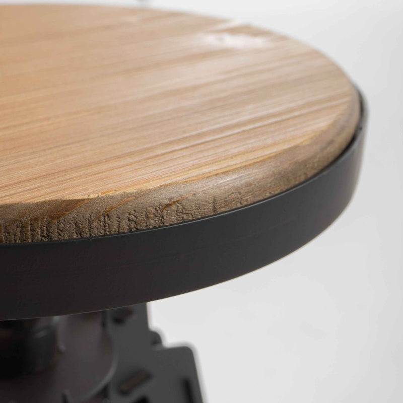 Set of Two Natural and Black Iron and Wood Backless Adjustable Height Swivel Bar Chairs