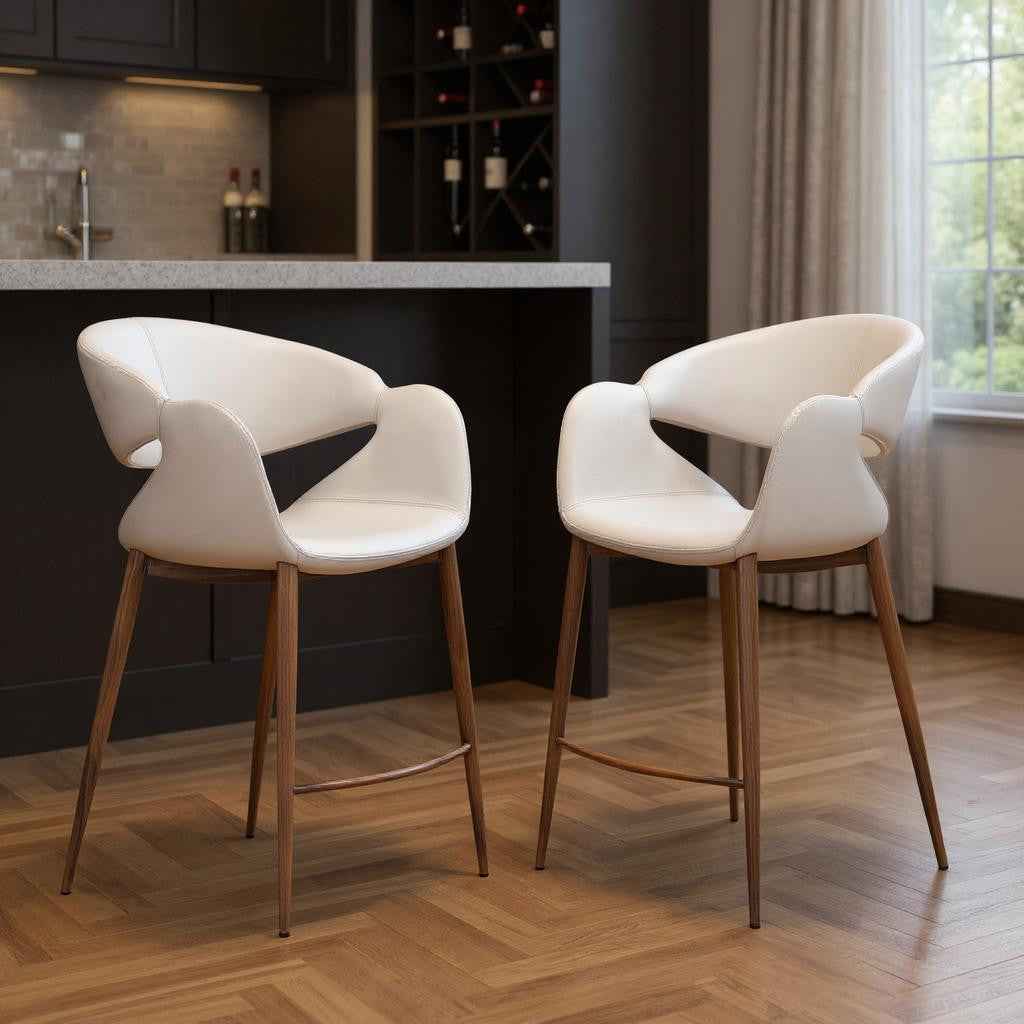 Set of Two Beige Wood and Fabric Low Back Bar Chairs