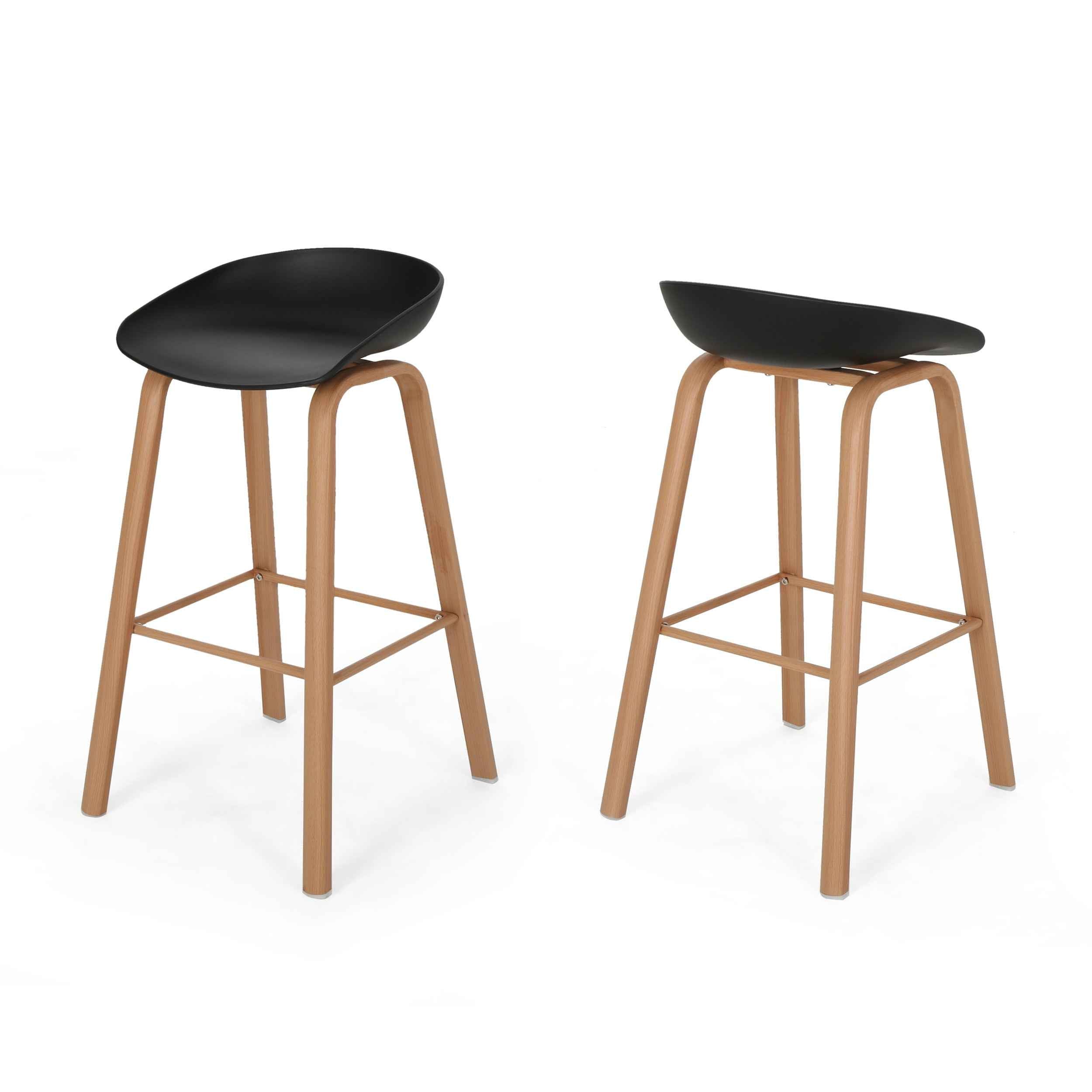 Set of Two Black and Natural Heavy Duty Plastic and Wood Backless Bar Height Bar Chairs
