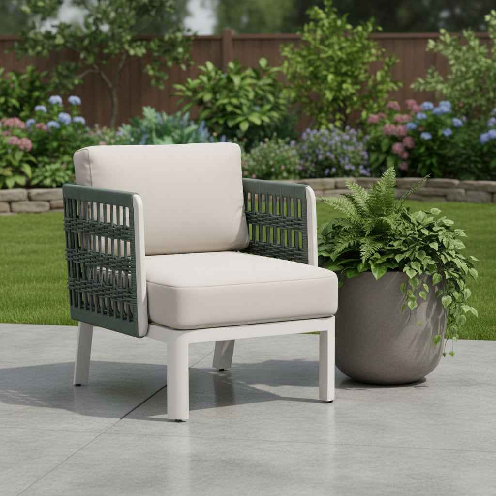 27" White Fabric and Aluminum Arm Chair
