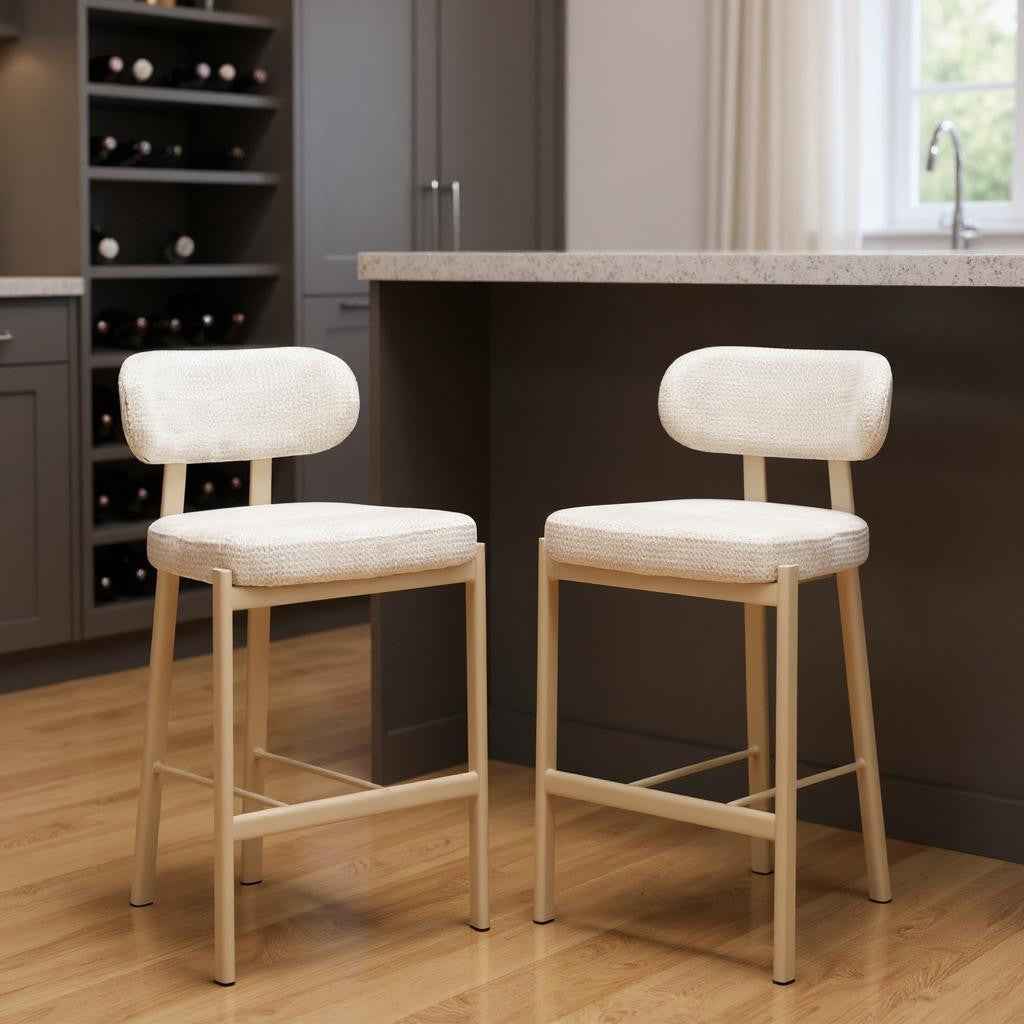 Set of Two Gray Wood and Fabric Low Back Bar Chairs