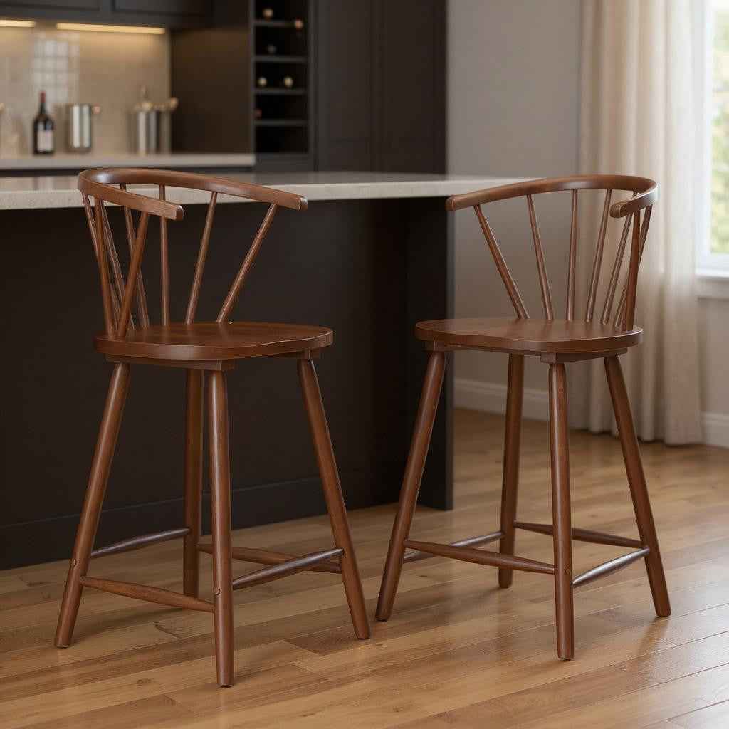 Set of Two Walnut Solid Manufactured Wood and Wood Low Back Bar Chairs