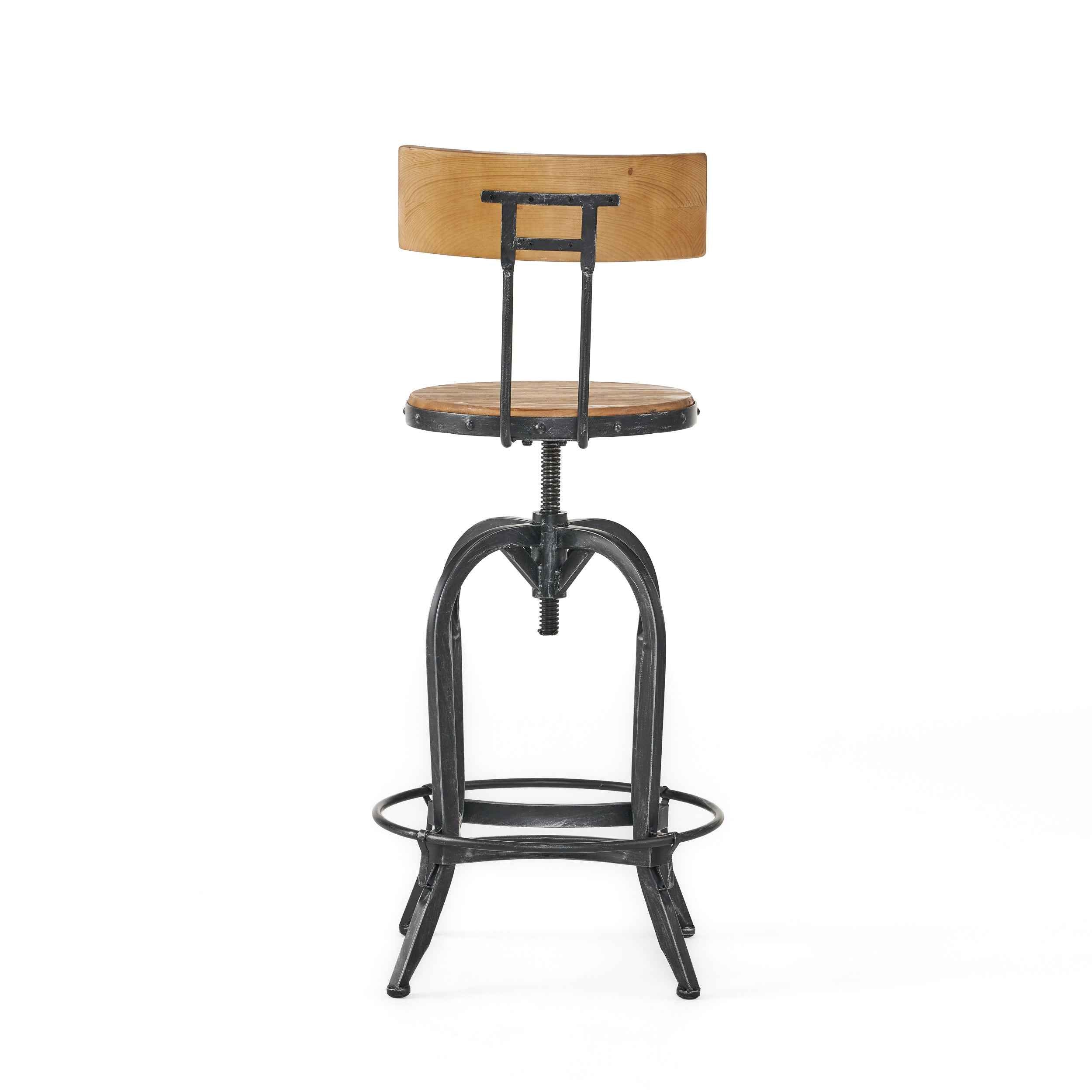 Natural and Black Wood and Metal Low Back Adjustable Height Swivel Bar Chair