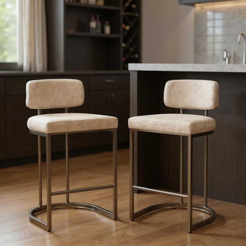 Set of Two Beige Wood and Fabric Low Back Bar Chairs