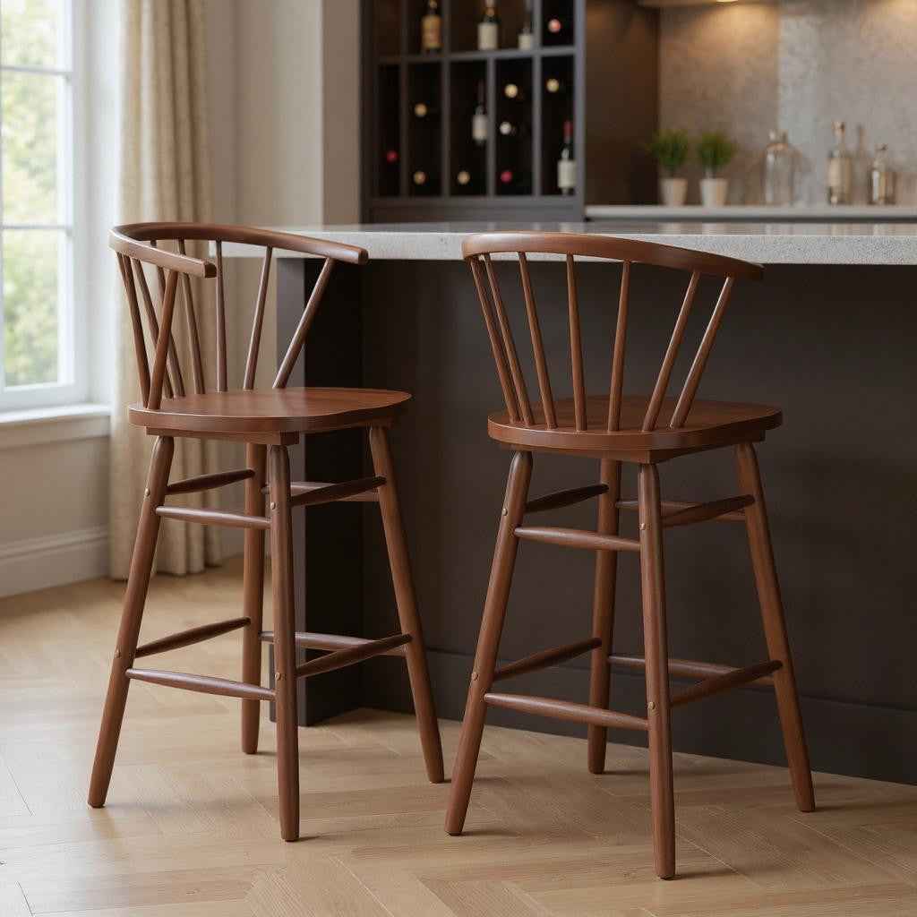 Set of Two Walnut Solid Manufactured Wood and Wood Low Back Bar Chairs