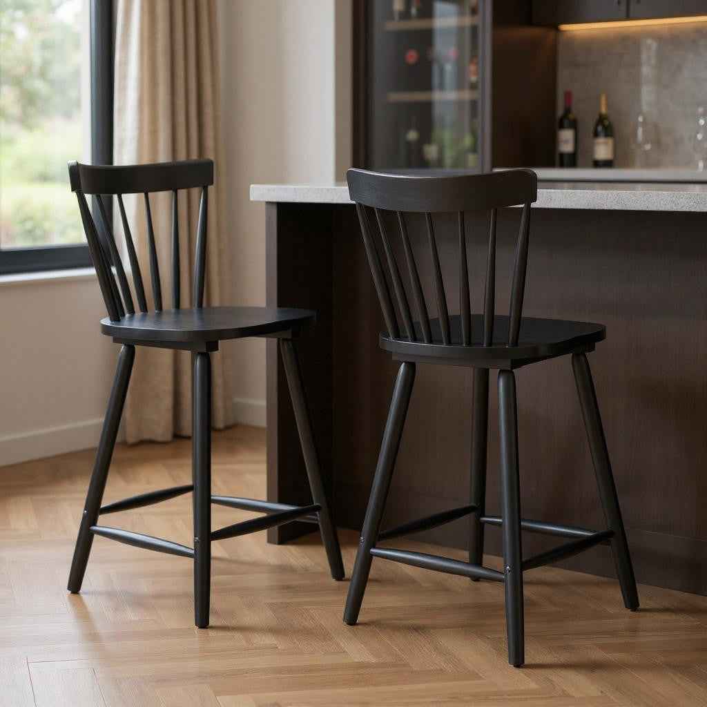 Set of Two Black Solid Manufactured Wood and Wood Low Back Bar Chairs