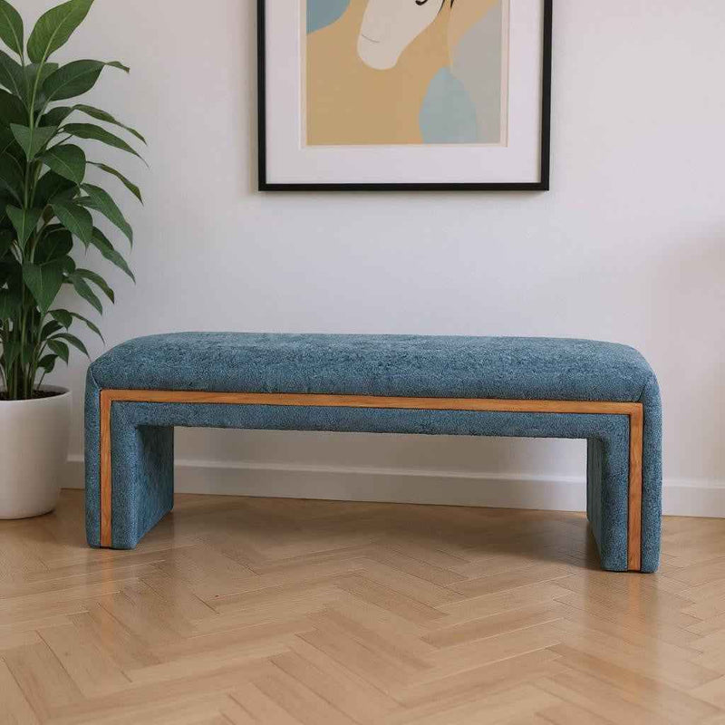 56" Blue and Brown Fabric and Solid Wood Upholstered Bench