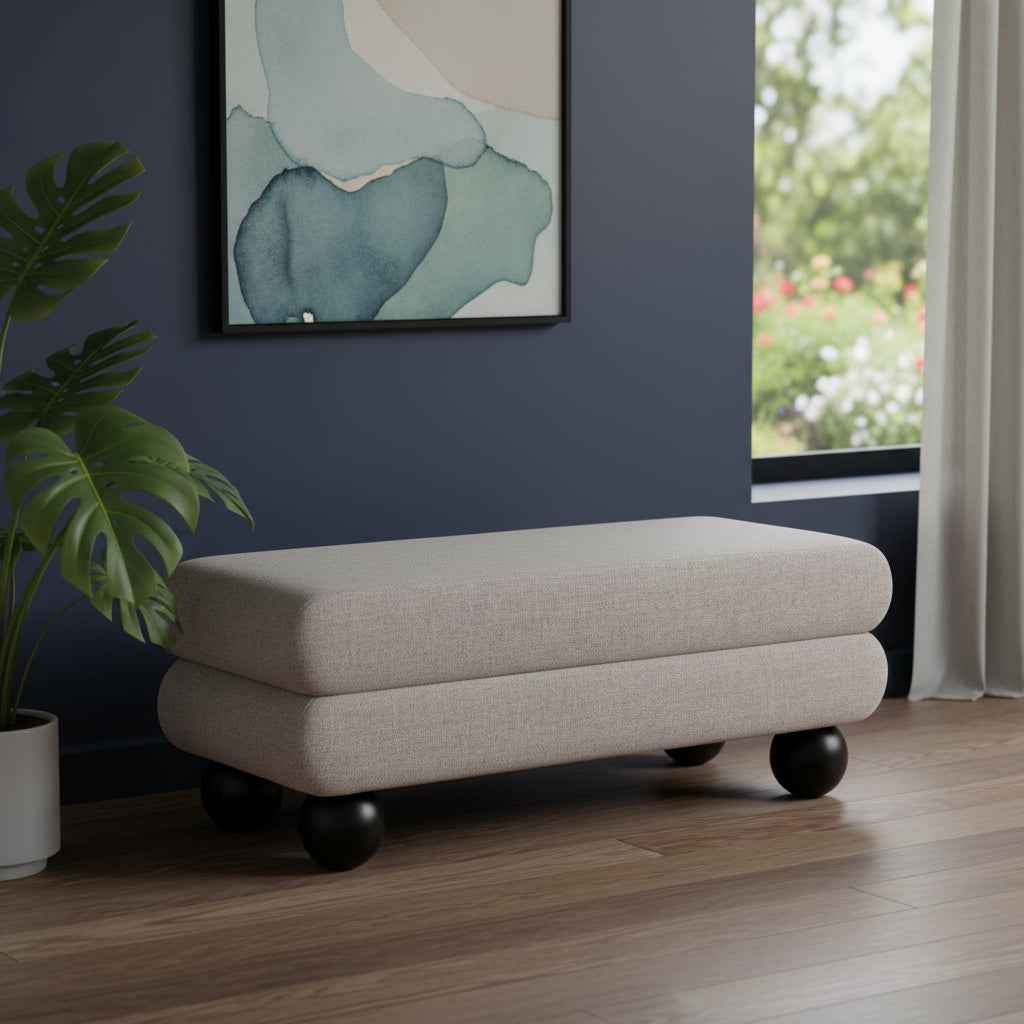 46" Gray and Black Fabric and Solid Wood Upholstered Bench