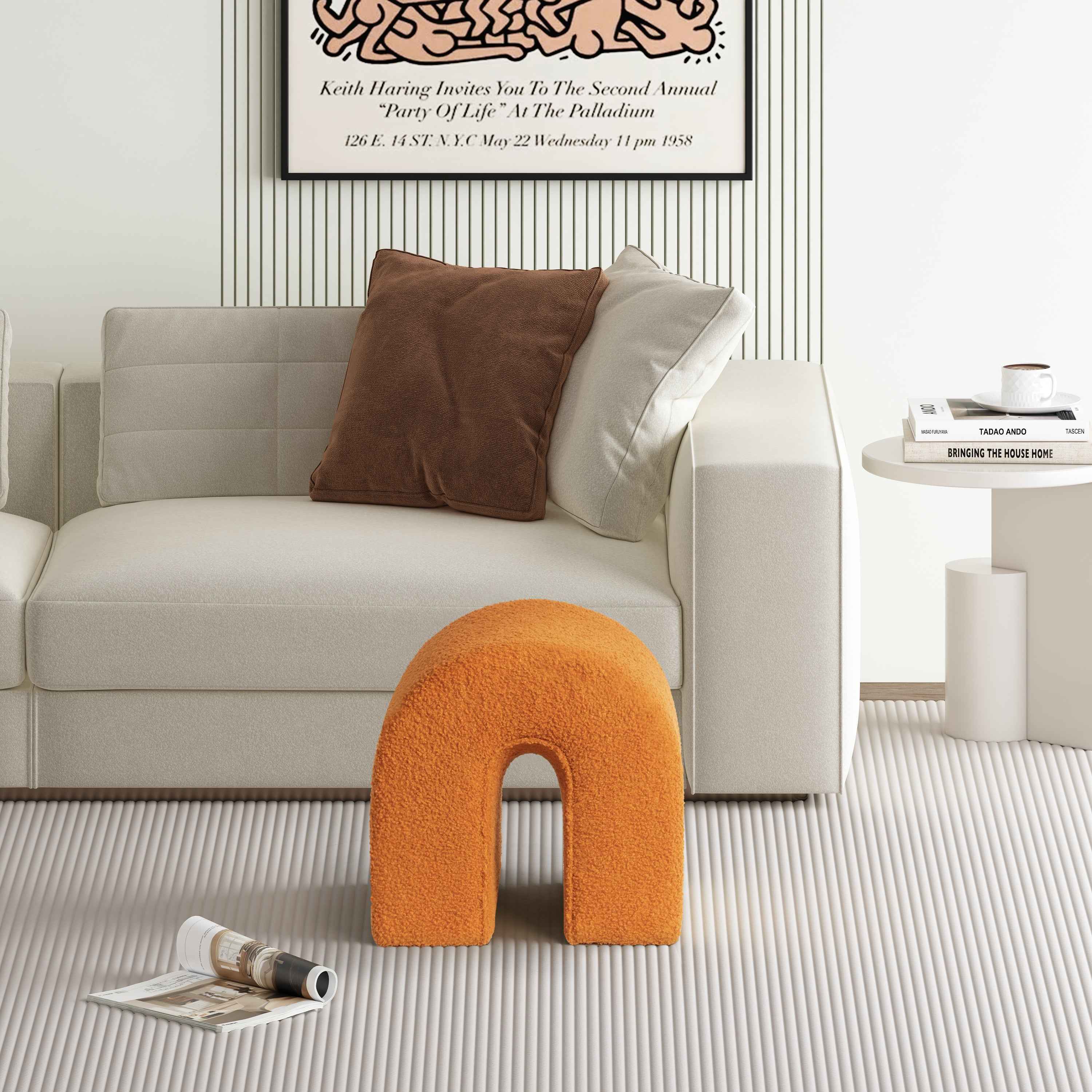17" Orange Boucle Oval Footstool Ottoman