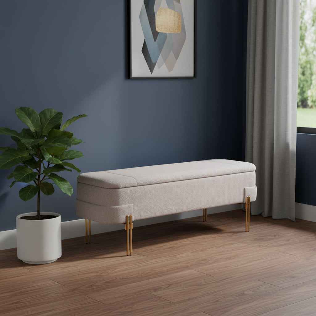47" Beige and Gold Fabric Upholstered Bench