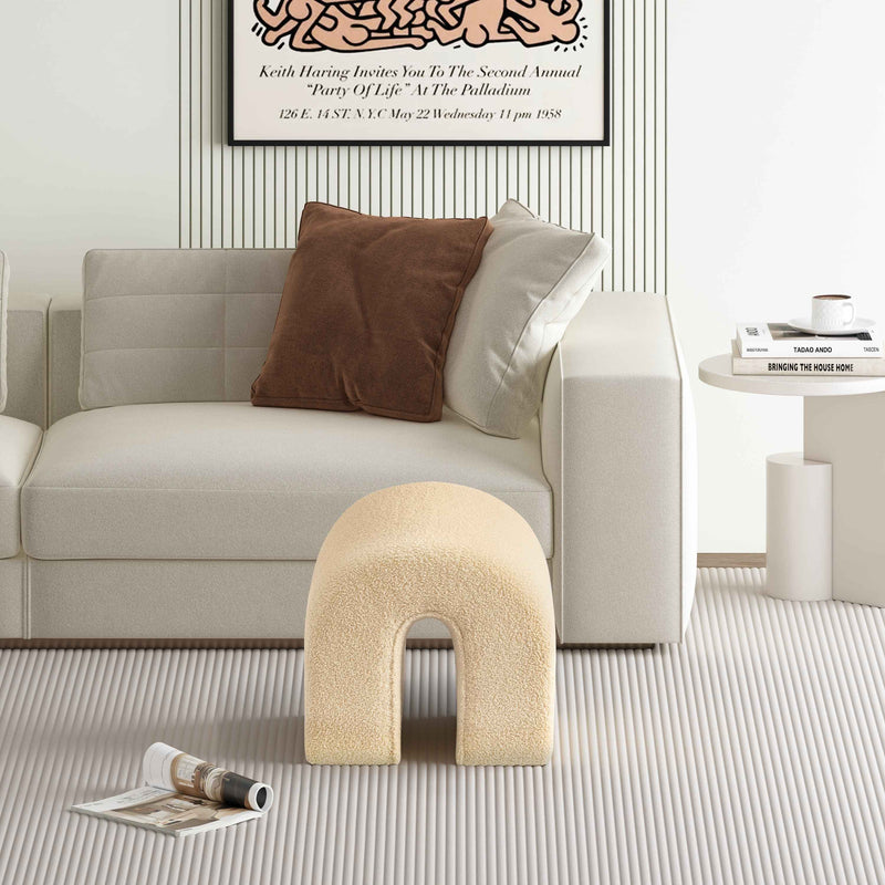 17" Beige Boucle Oval Footstool Ottoman