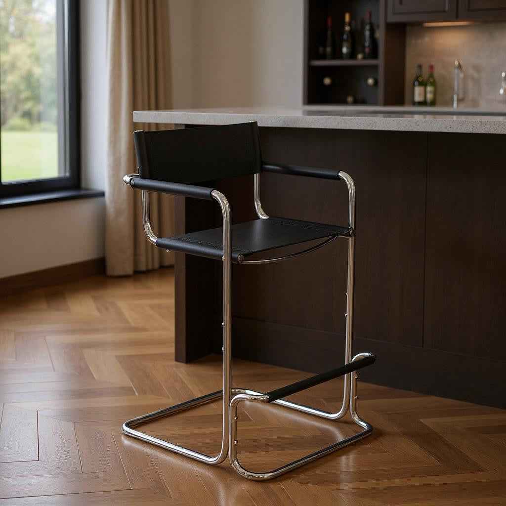 30" Black and Silver Leather and Steel Bar Height Bar Chair