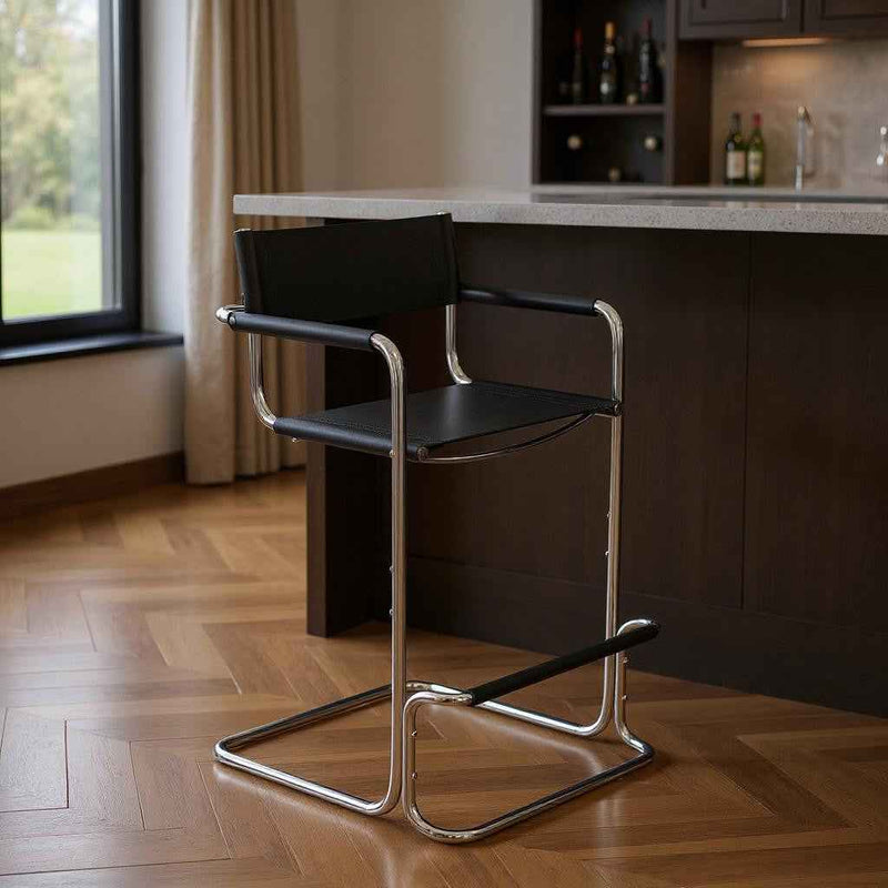 30" Black and Silver Leather and Steel Bar Height Bar Chair