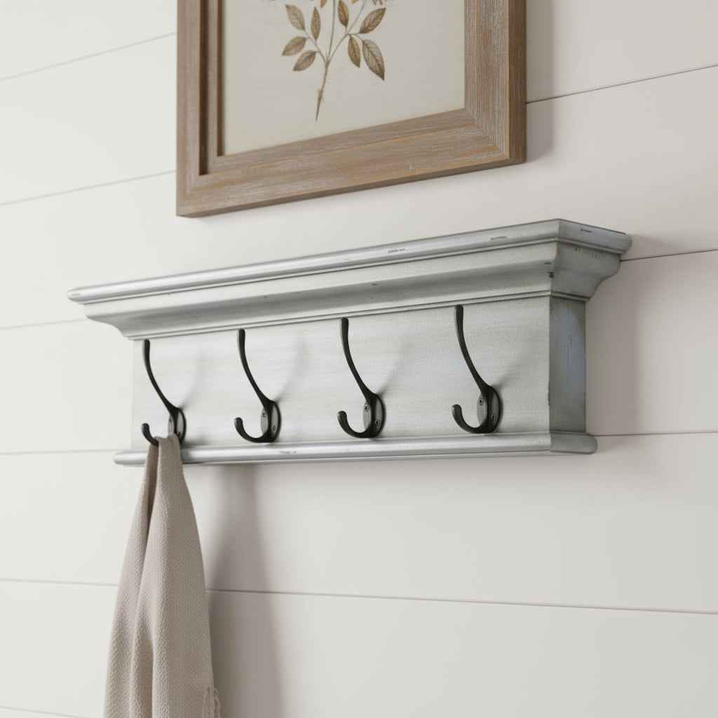 28" Black And Blue Solid Wood Four Hook Wall Mount Coat Rack