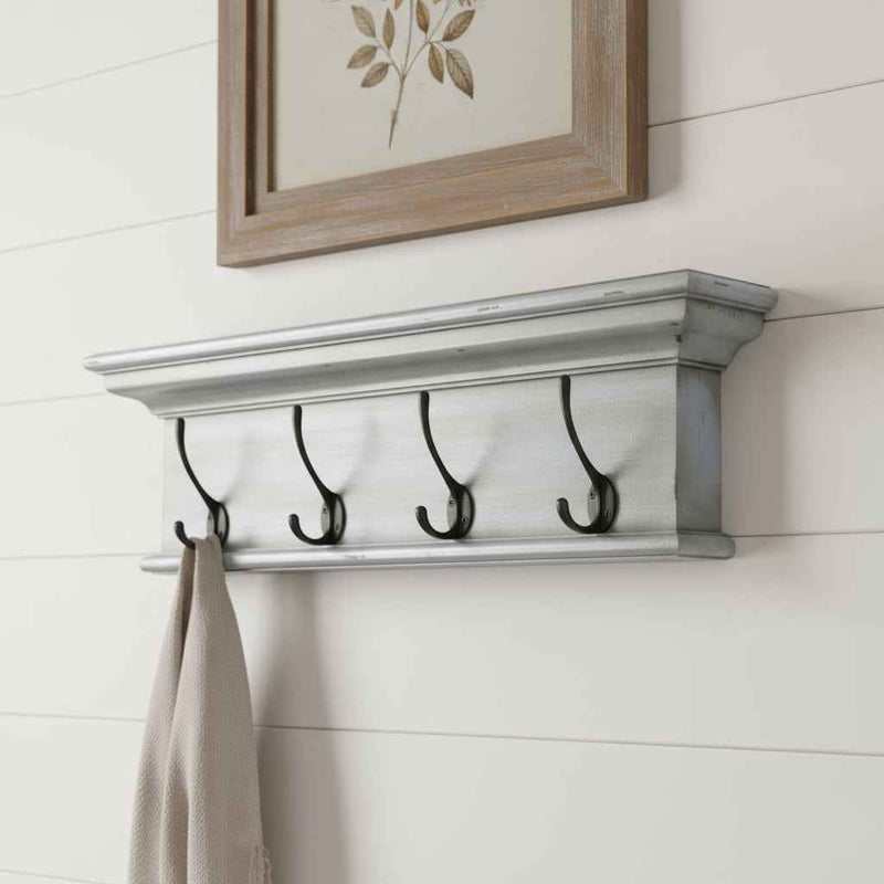 28" Black And Blue Solid Wood Four Hook Wall Mount Coat Rack