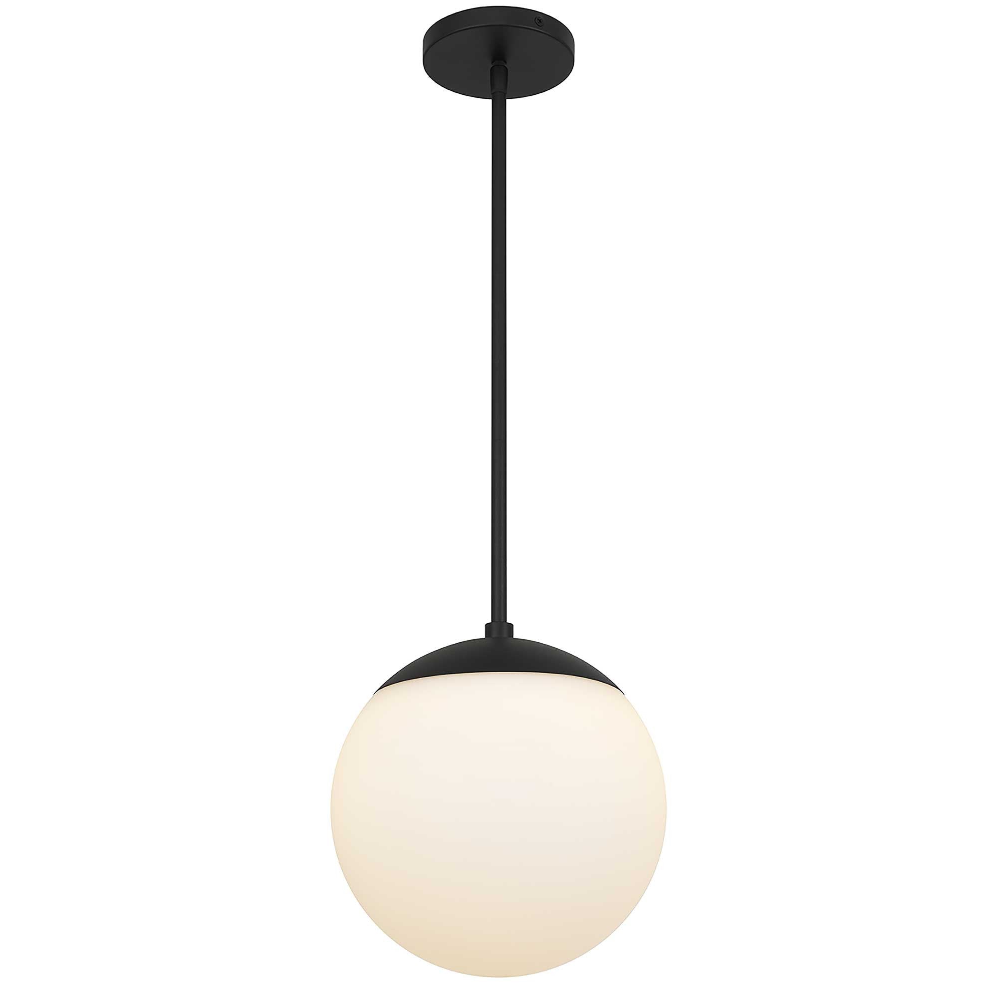 Modern black pendant light with a frosted white glass globe, perfect for contemporary home decor.