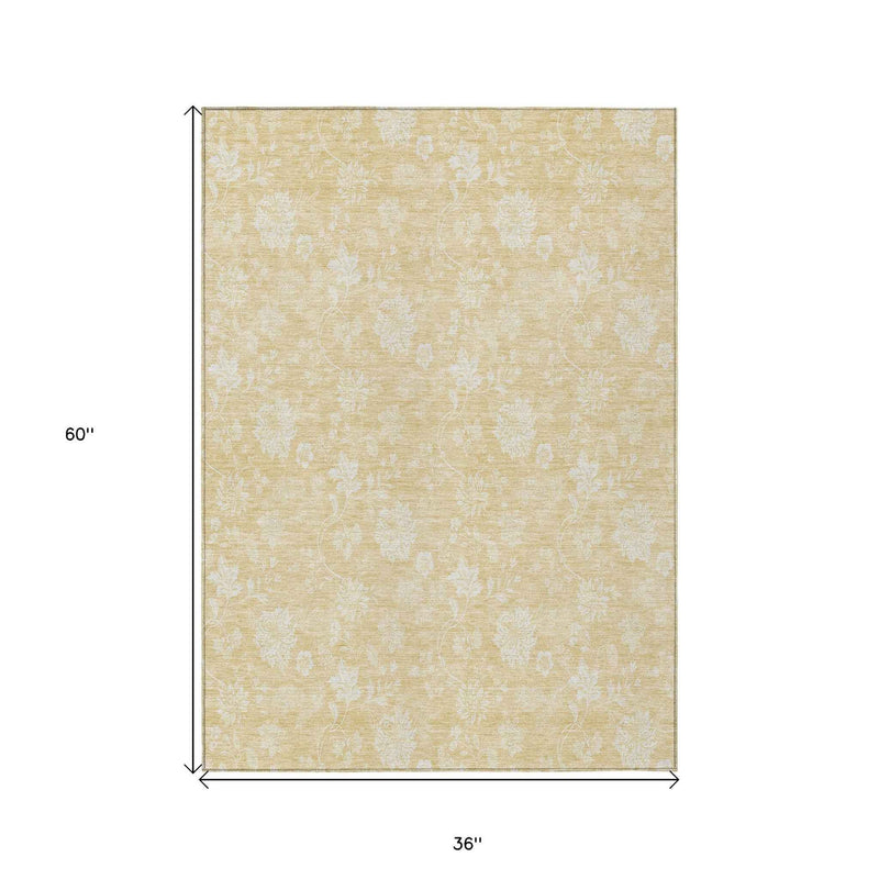 3' X 5' Yellow Wheat And Ivory Floral Washable Indoor Outdoor Area Rug