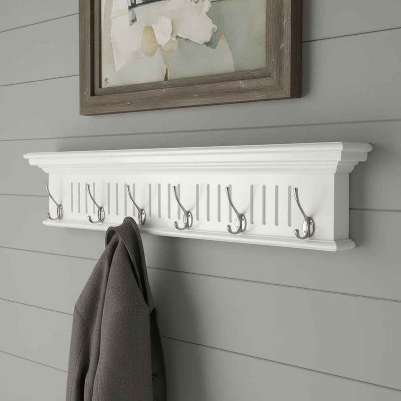 39" White Solid Wood Six Hook Wall Mount Coat Rack