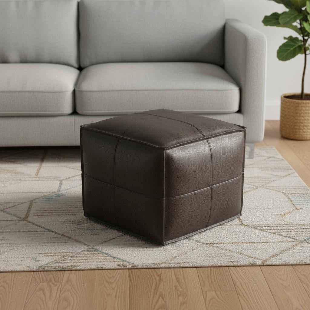 18" Brown Leather Pouf Ottoman