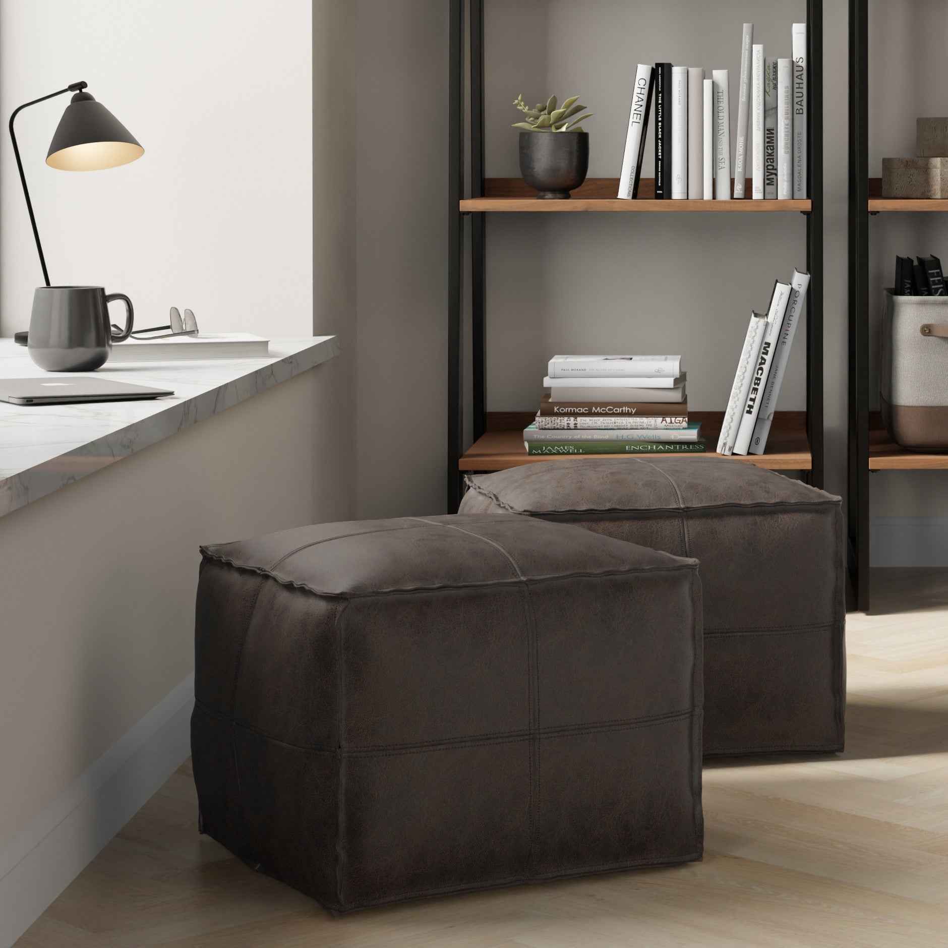 18" Brown Leather Pouf Ottoman