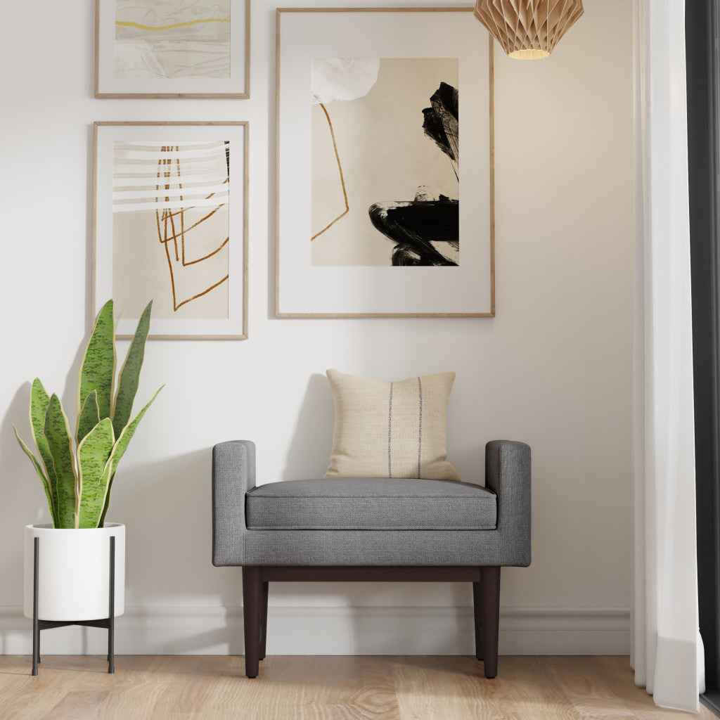 29" Gray and Walnut Linen Ottoman