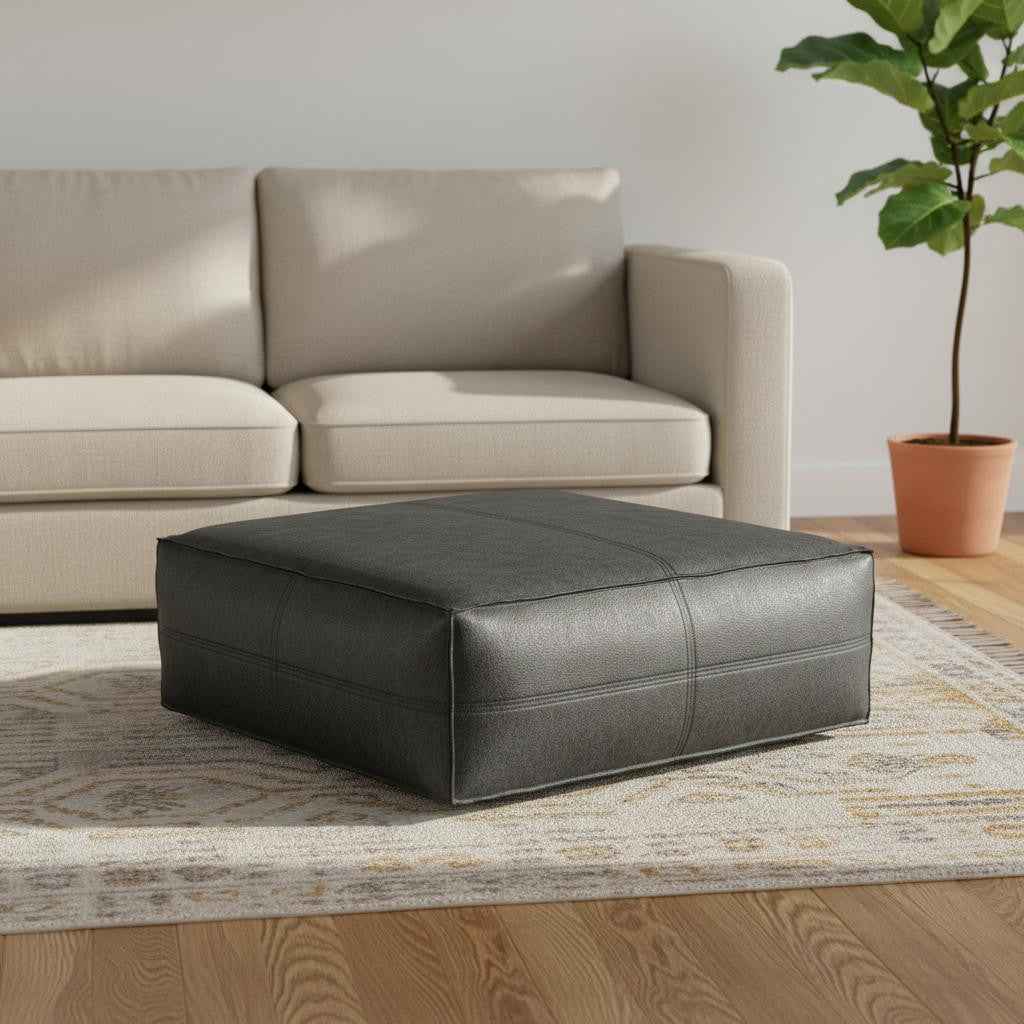 36" Black Faux Leather Pouf Ottoman