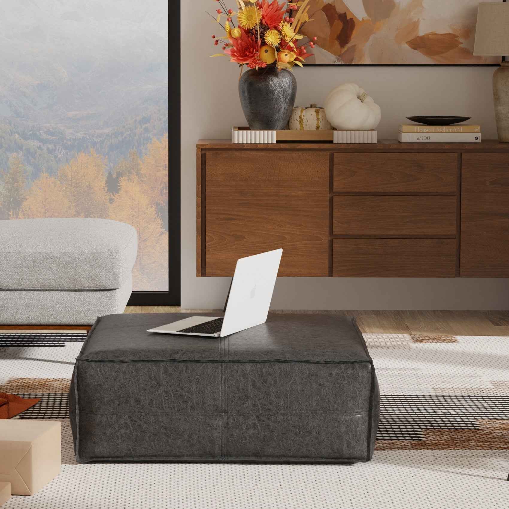 36" Black Faux Leather Pouf Ottoman