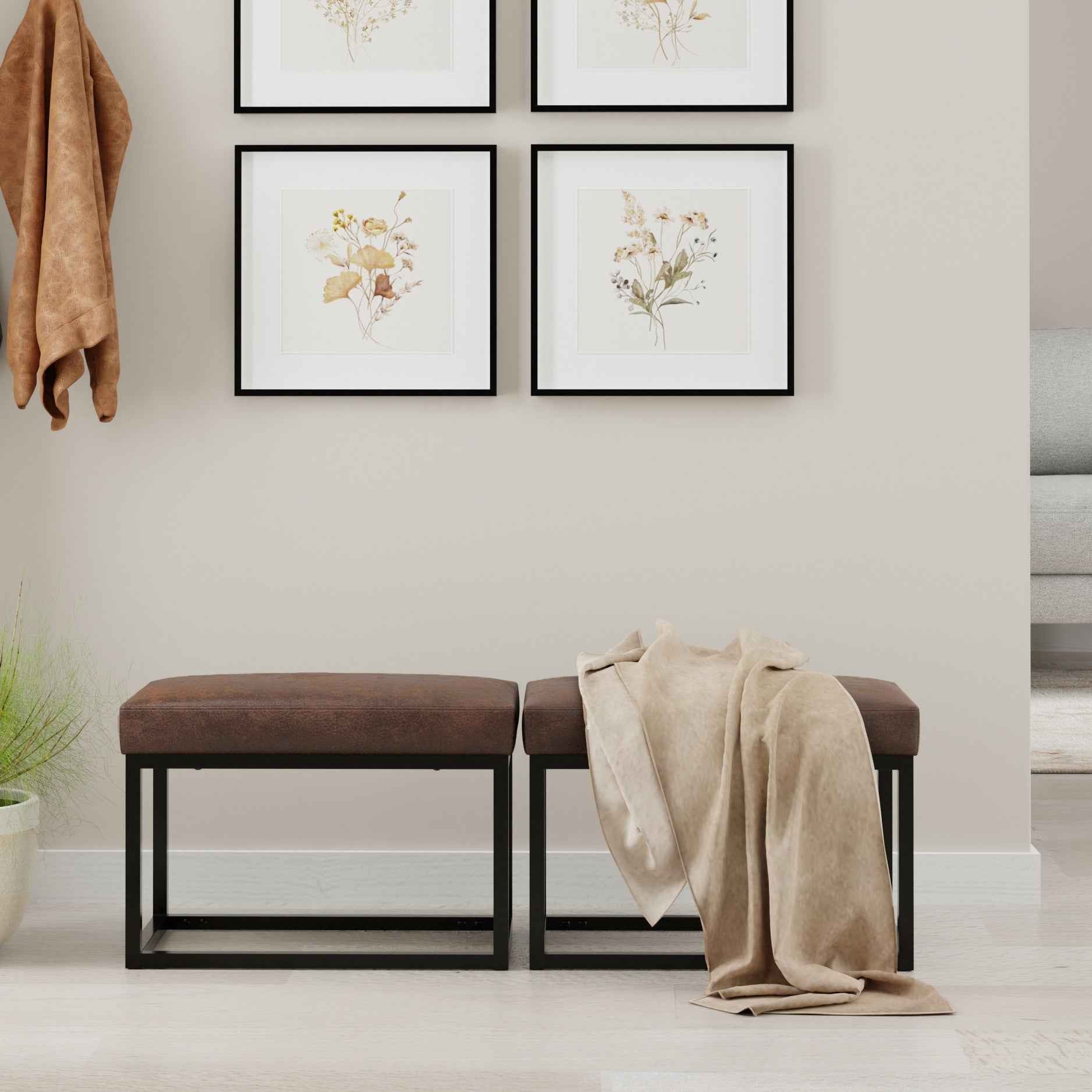 26" Brown and Black Leather Ottoman