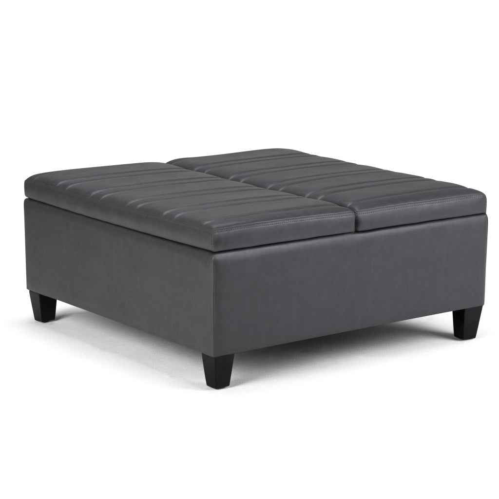 36" Gray and Espresso Leather Cocktail Ottoman With Storage