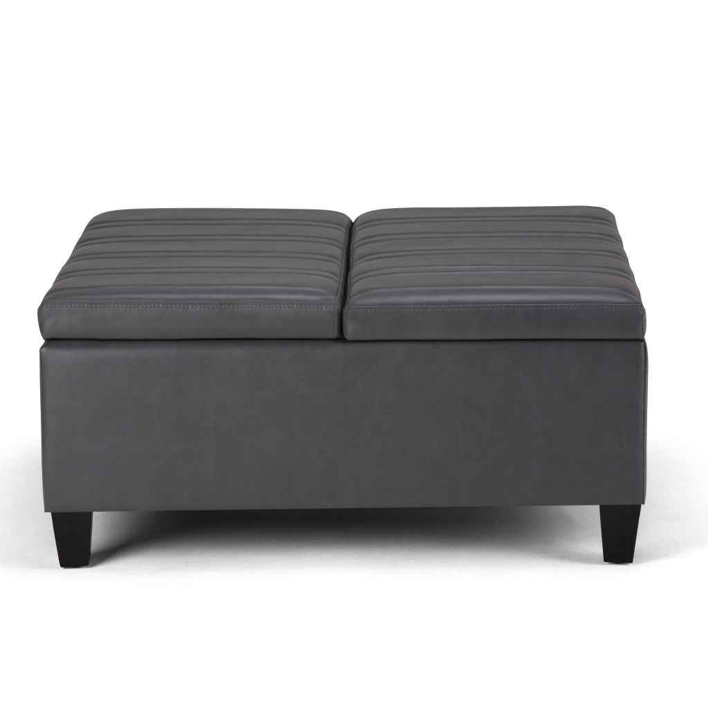 36" Gray and Espresso Leather Cocktail Ottoman With Storage