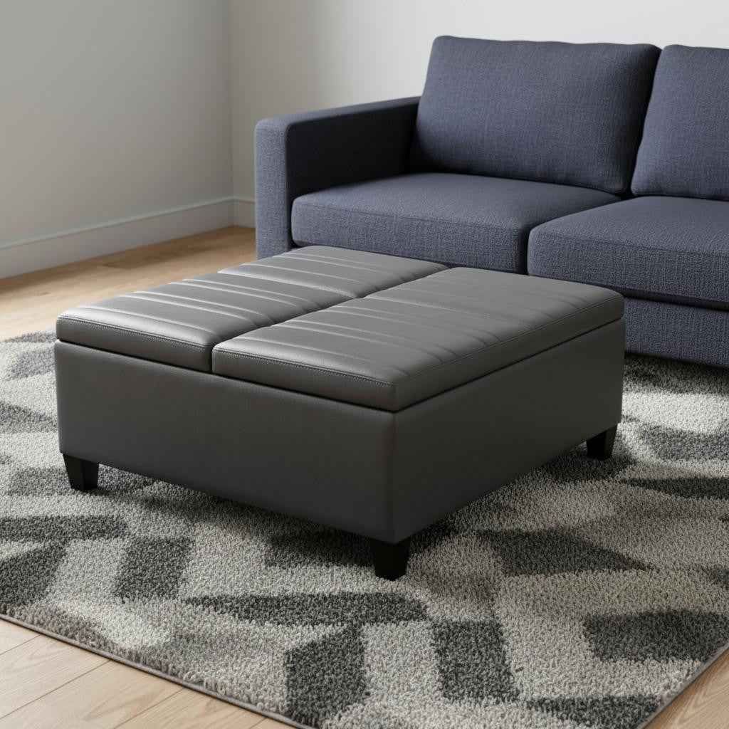 36" Gray and Espresso Leather Cocktail Ottoman With Storage