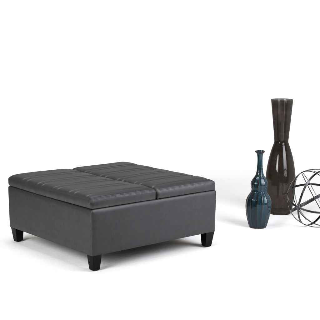 36" Gray and Espresso Leather Cocktail Ottoman With Storage