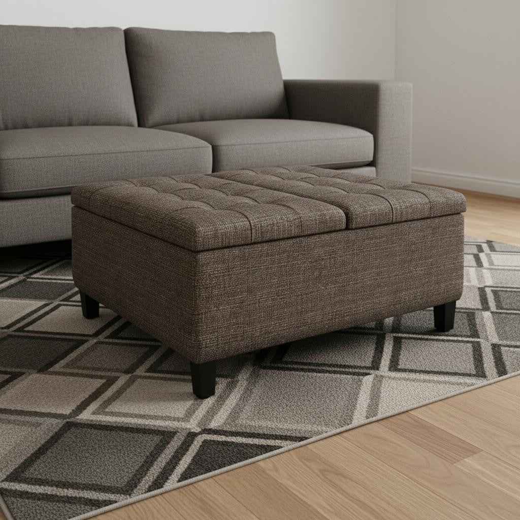 36" Brown and Dark Brown Fabric Cocktail Ottoman With Storage