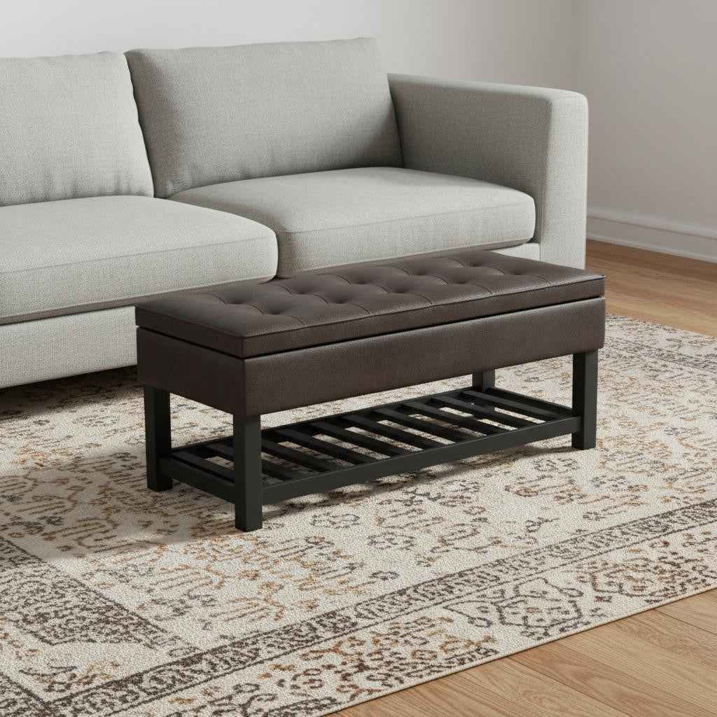 44" Brown and Dark Brown Leather Ottoman With Storage