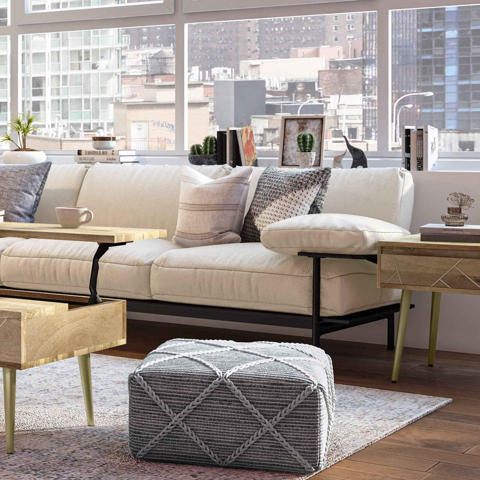 20" Gray Wool Pouf Ottoman