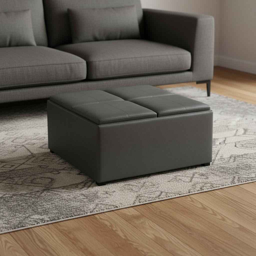 35" Gray and Dark Brown Leather Cocktail Ottoman With Storage