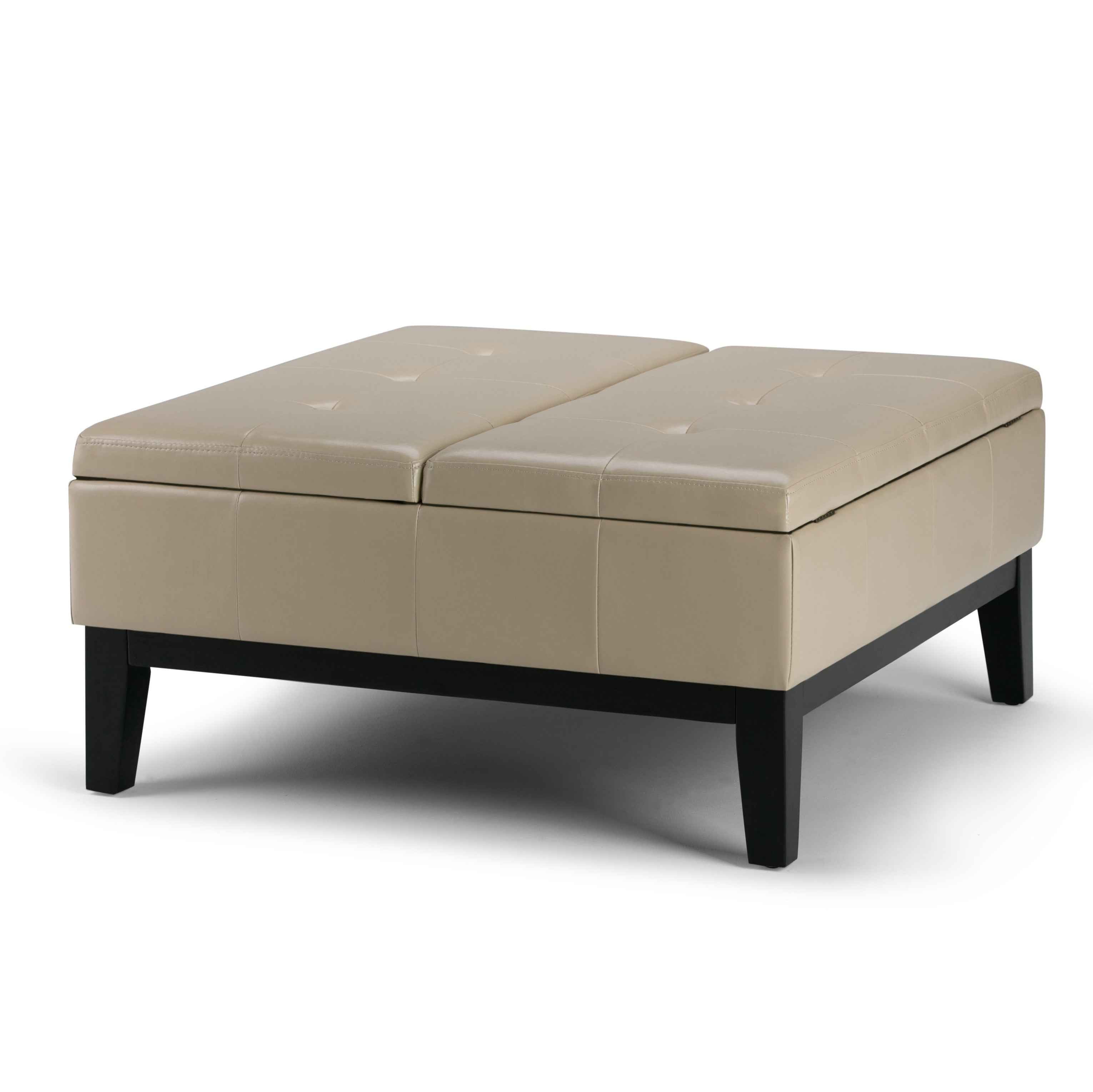 36" Cream and Dark Brown Leather Cocktail Ottoman With Storage