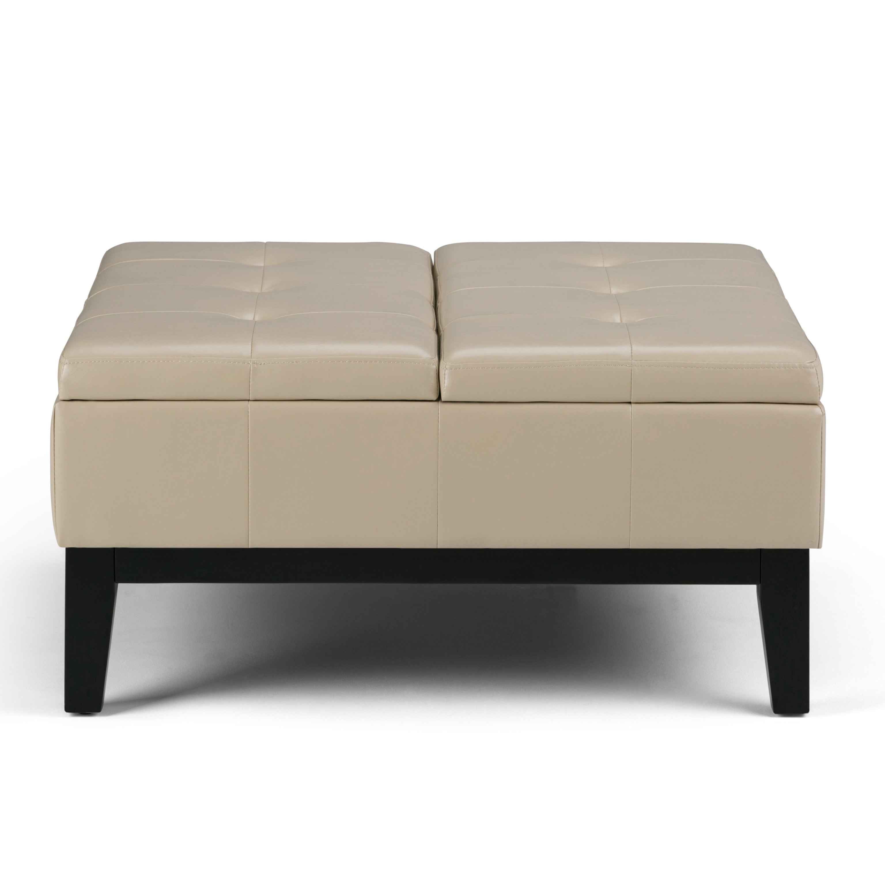 36" Cream and Dark Brown Leather Cocktail Ottoman With Storage