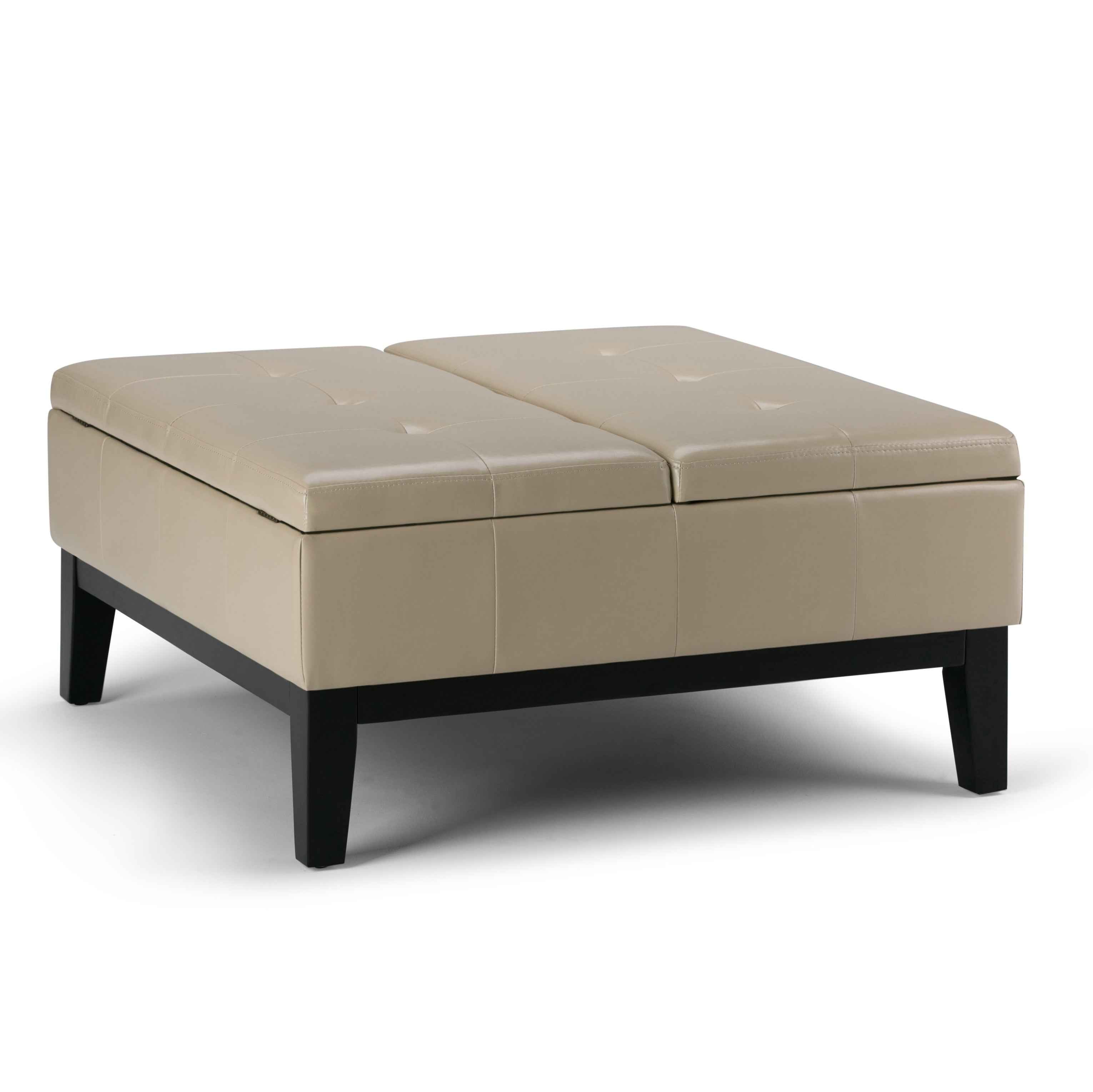36" Cream and Dark Brown Leather Cocktail Ottoman With Storage