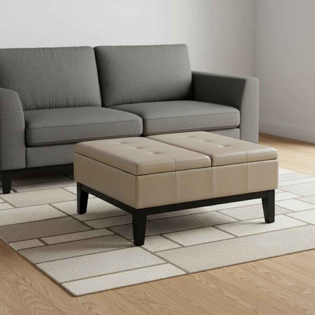 36" Cream and Dark Brown Leather Cocktail Ottoman With Storage