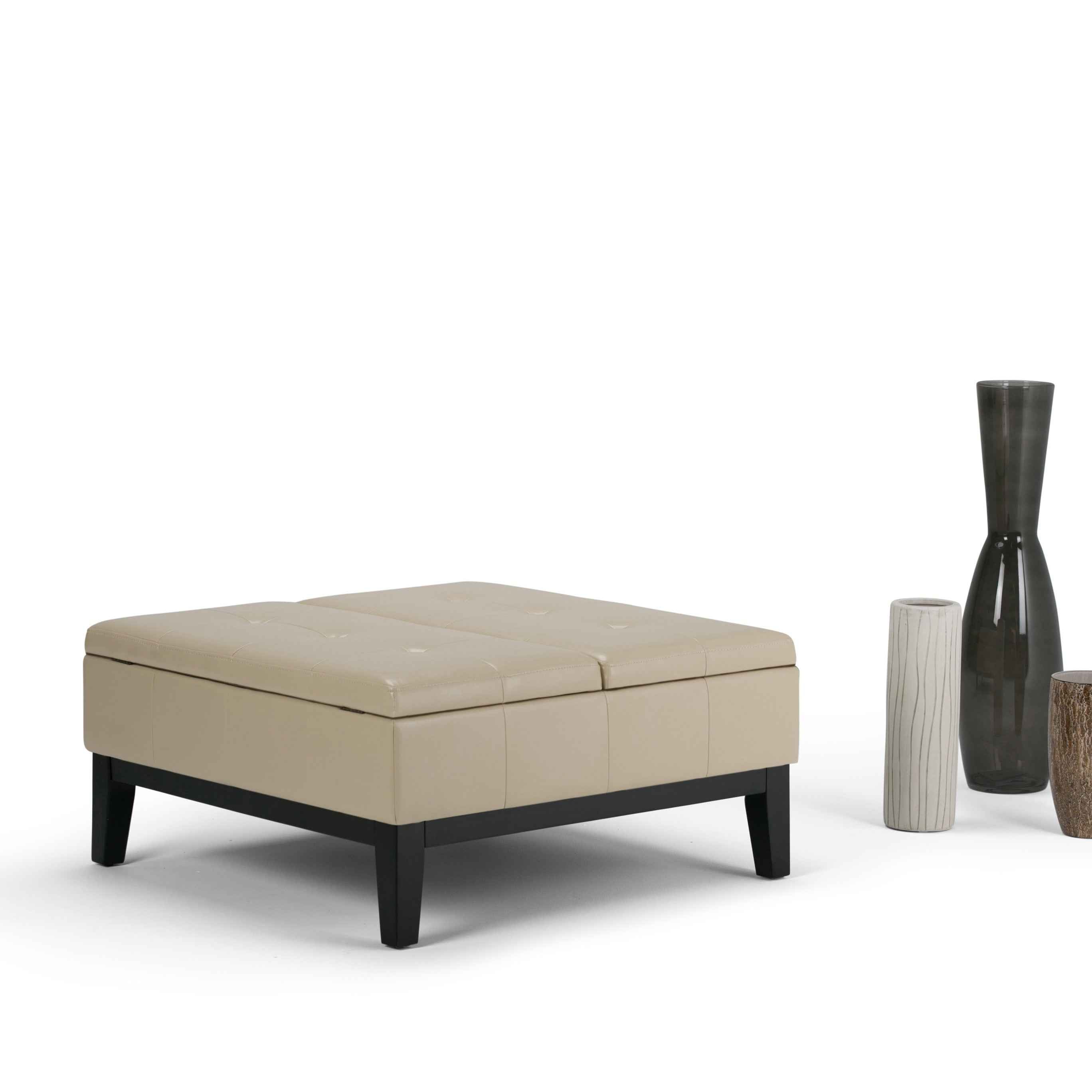 36" Cream and Dark Brown Leather Cocktail Ottoman With Storage