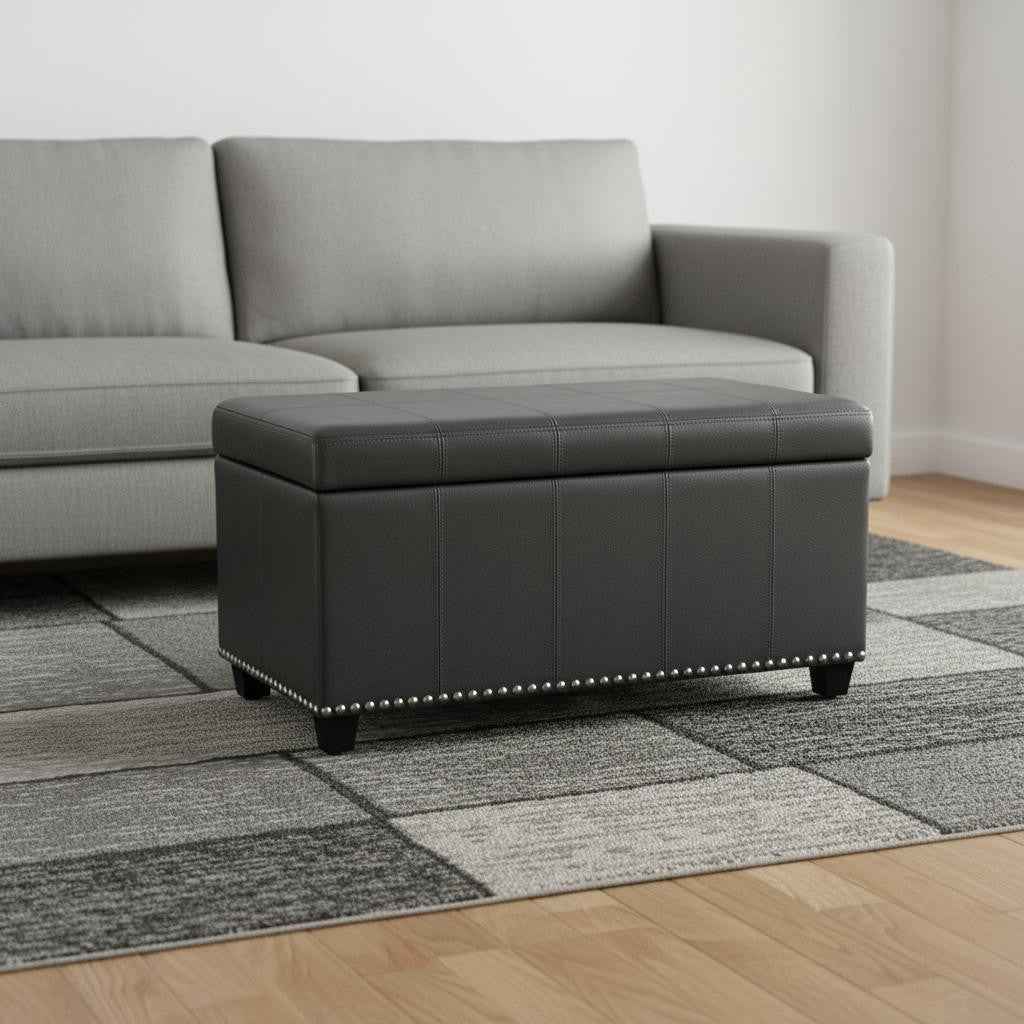 33" Espresso and Gray Upholstery Storage Ottoman
