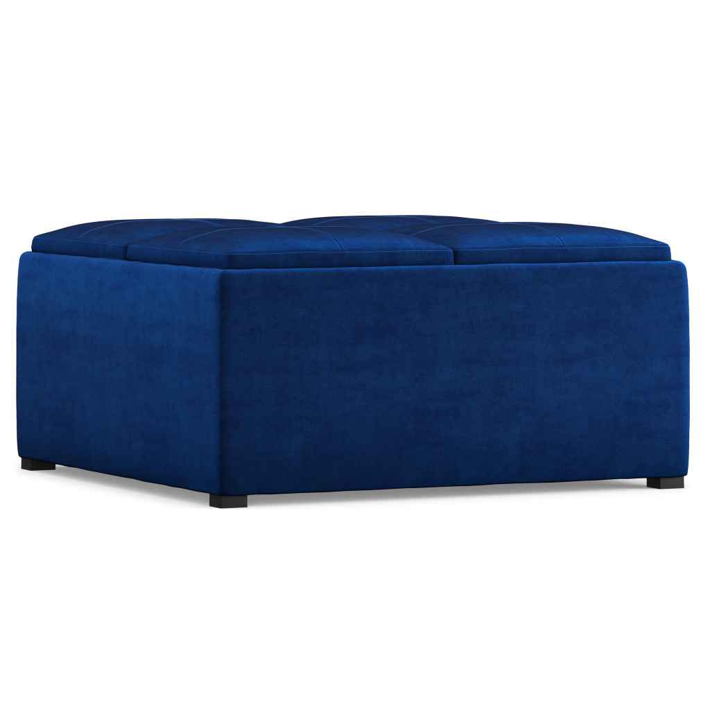 35" Blue and Black Velvet Cocktail Ottoman With Storage