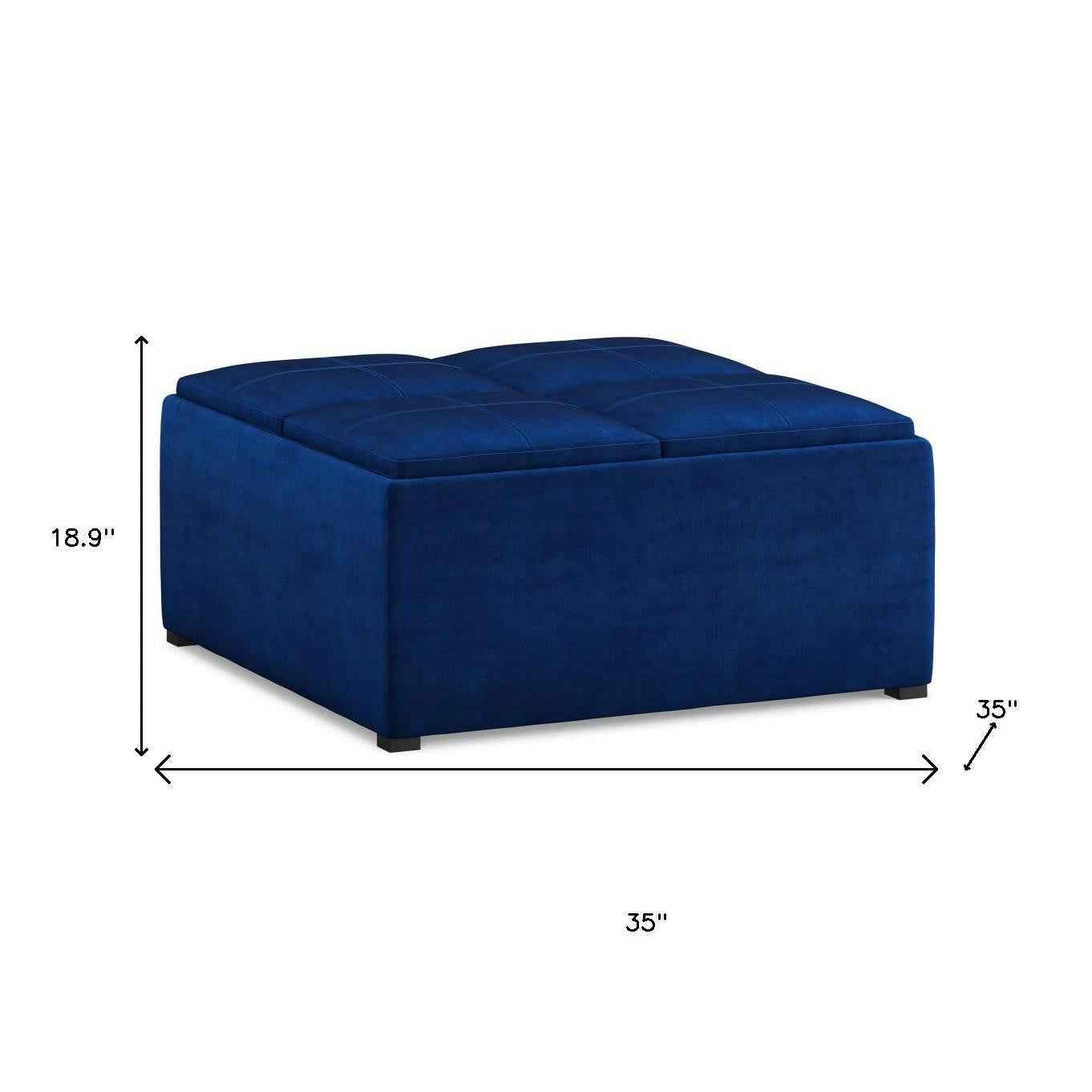 35" Blue and Black Velvet Cocktail Ottoman With Storage