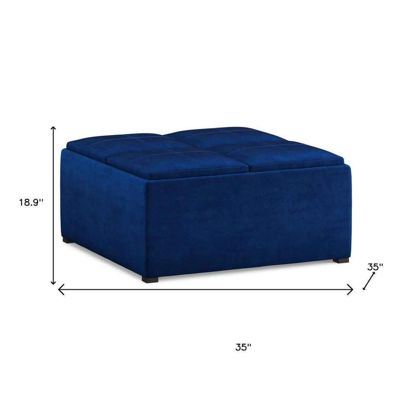 35" Blue and Black Velvet Cocktail Ottoman With Storage